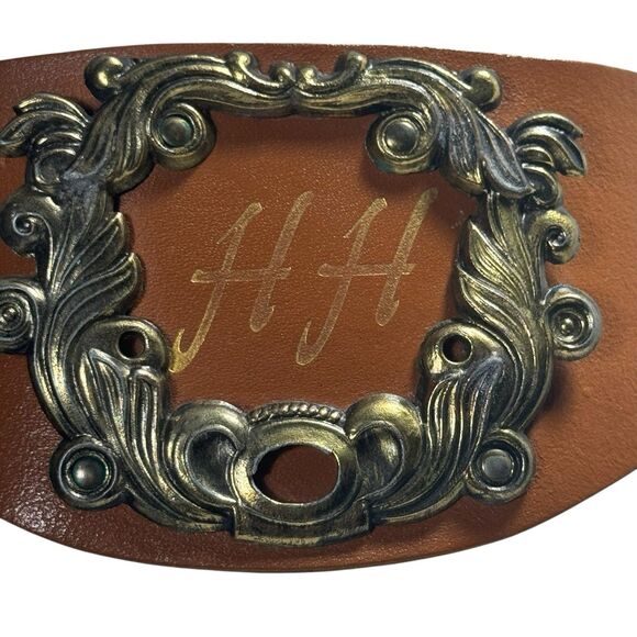 Women’s Brown Leather Apron Corset Belt Medallion HH Monogram - Picture 2 of 9